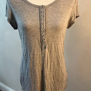Women’s Short Sleeve Henley Top in Heather Gray with rhinestones